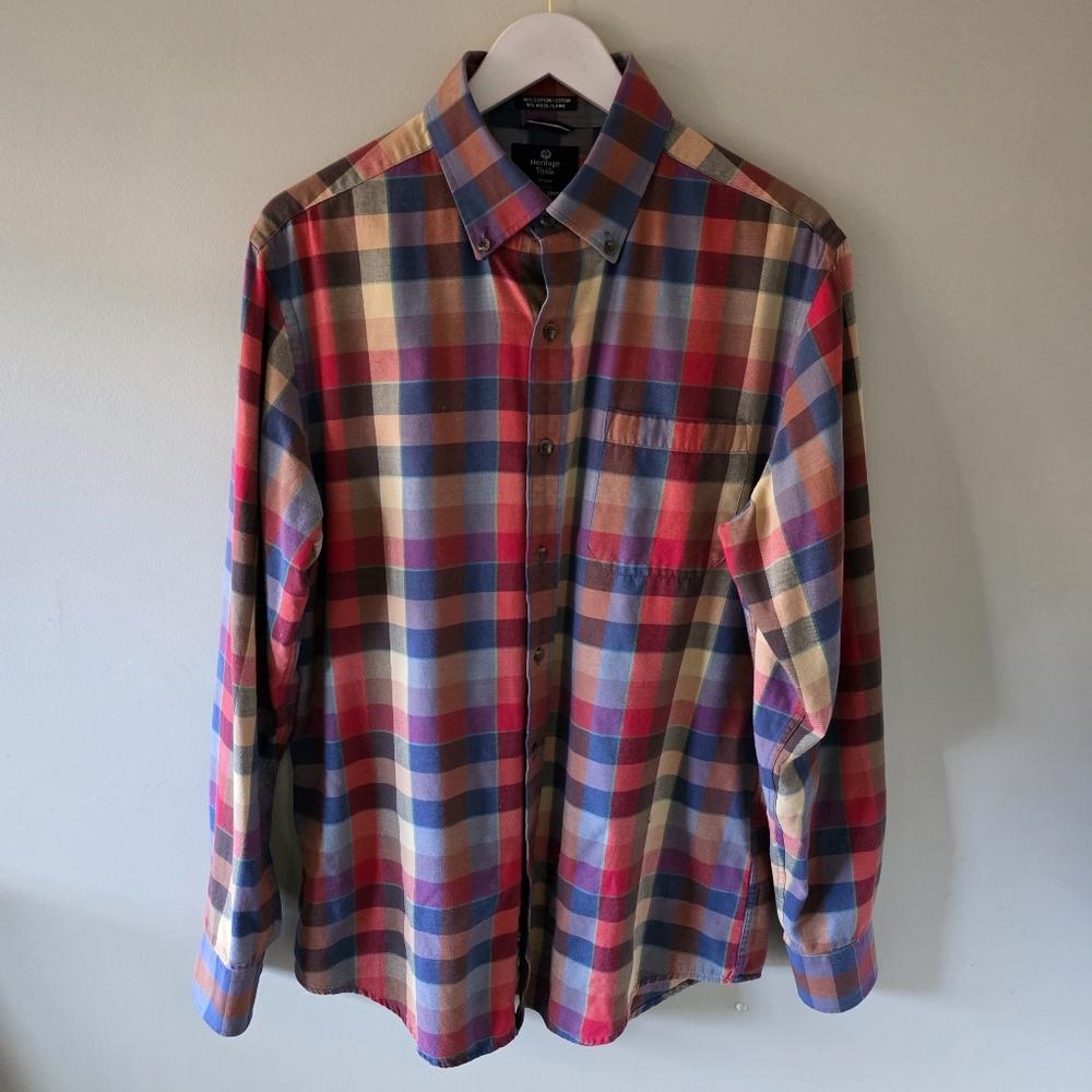 NWOT Heritage Viyella Black Brown 1826 M Madras Plaid Wool Cotton Button Shirt